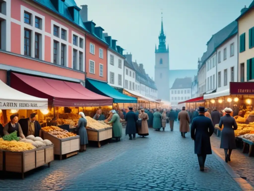 Escena animada de mercado histórico europeo con comerciantes de varias culturas