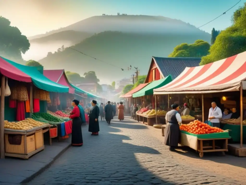 Escena animada de mercado en un pueblo chileno, fusionando influencias indígenas y modernas