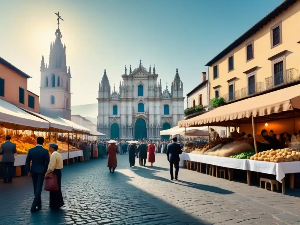 Escena animada de mercado en un pueblo español histórico durante la era Del Río