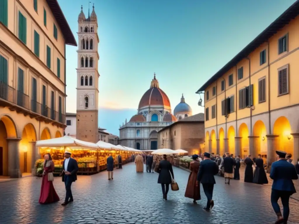 Escena animada de un renacimiento italiano con nobles y mercaderes en calles empedradas