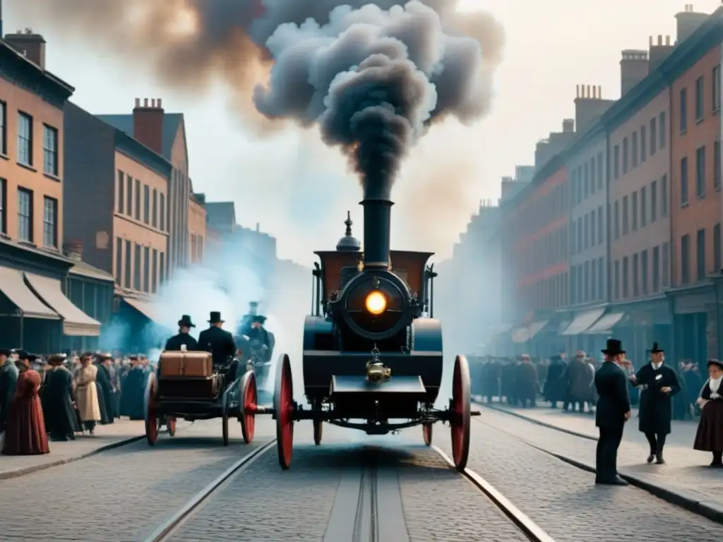 Una escena de calle durante la Revolución Industrial con fábricas de vapor, carruajes y personas elegantes