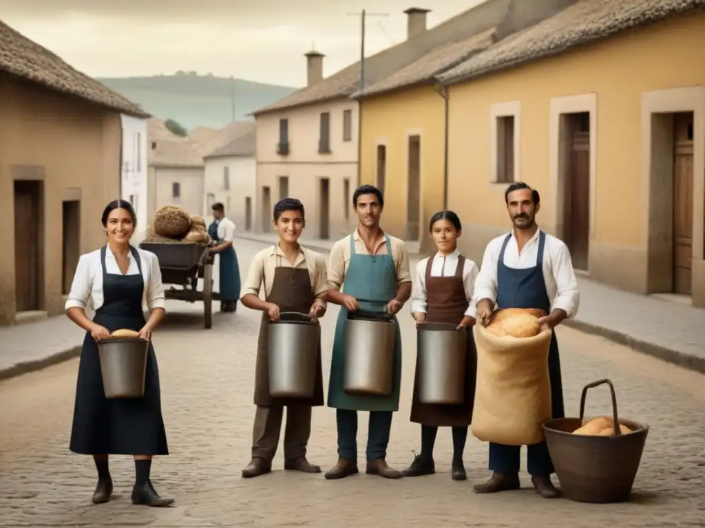 Una escena callejera histórica en un pueblo español muestra la evolución del apellido Domínguez con personas de diferentes oficios y edades