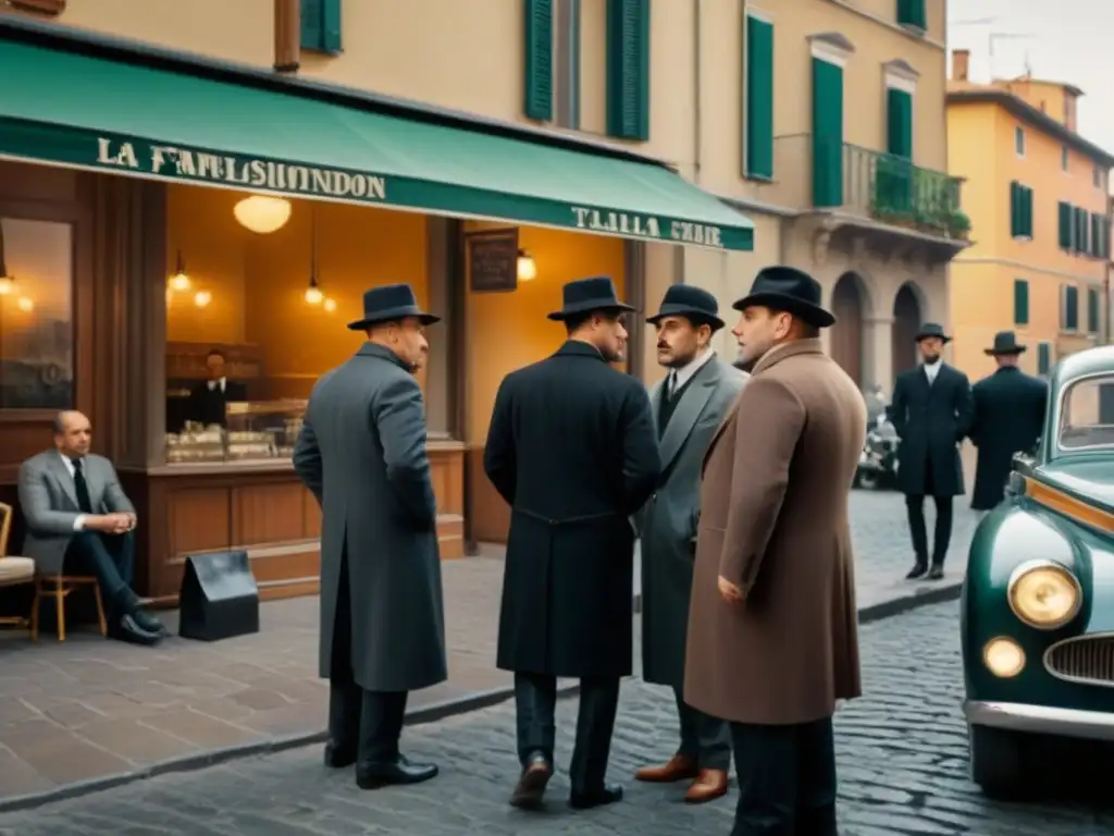 Una escena callejera vibrante de la historia apellidos italianos Mafia en sepia