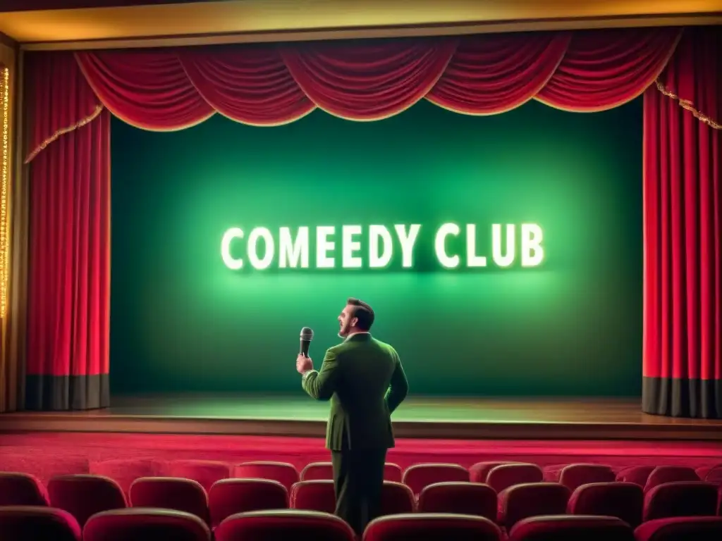 Escena de club de comedia vintage con público diverso riendo mientras el comediante McGigglesworth cuenta un chiste