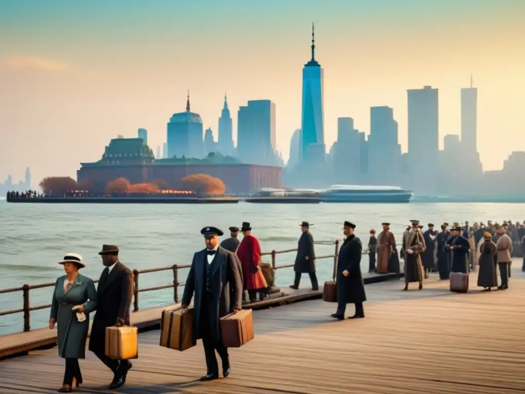 Una escena detallada de Ellis Island en los años 1900, con inmigrantes llegando en barco y el horizonte de Nueva York al fondo bajo un cielo brumoso