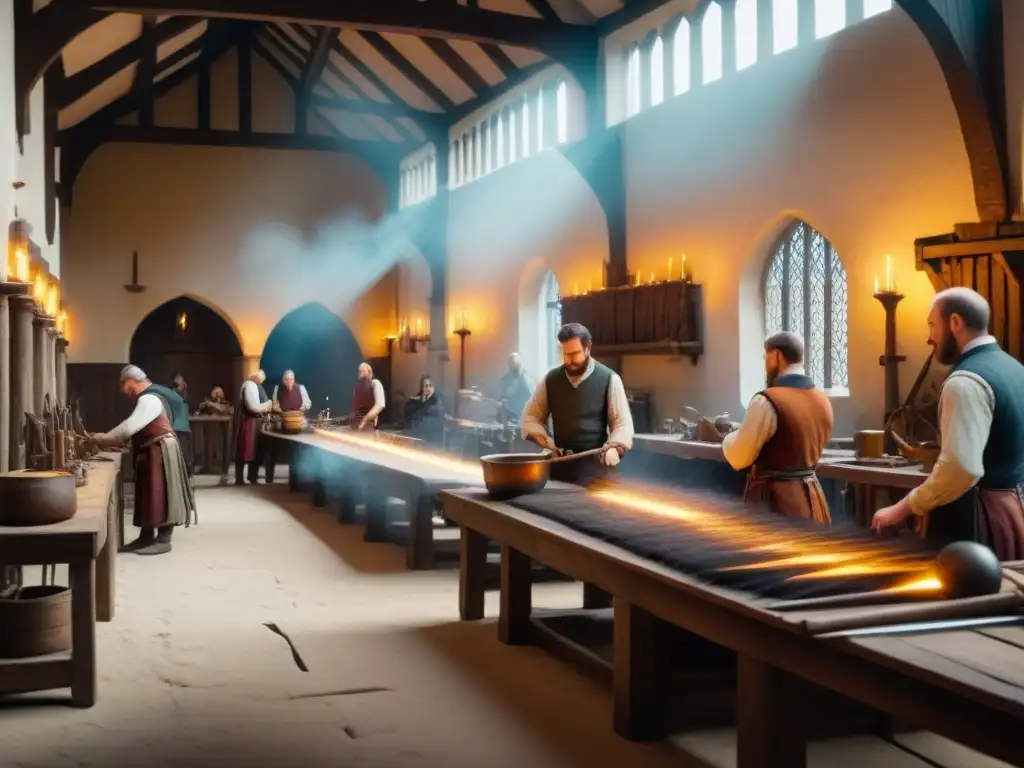 Escena detallada en una antigua sala gremial medieval, con artesanos practicando oficios tradicionales