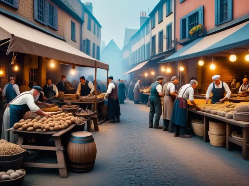 Escena detallada de un bullicioso mercado histórico con artesanos de diversas profesiones