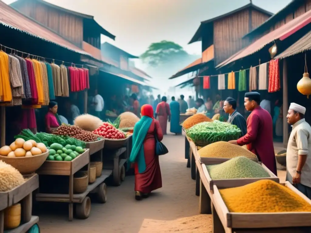 Escena detallada de un bullicioso mercado en una aldea malaya, con diversidad cultural y evocando historia, apellidos y evolución