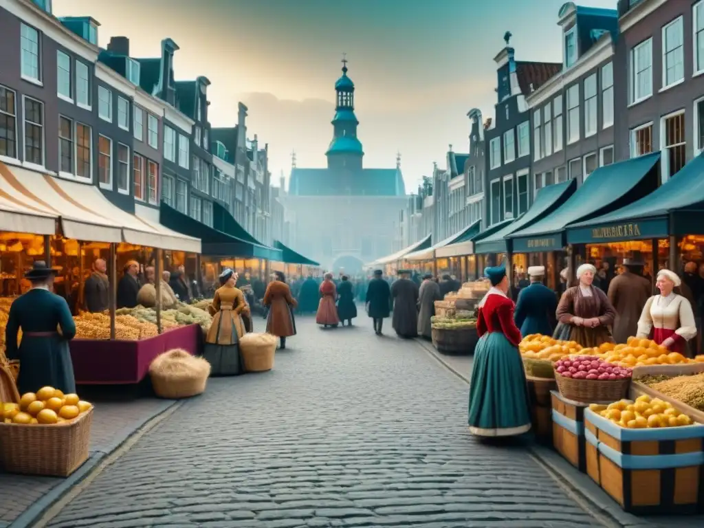 Una escena detallada de un bullicioso mercado holandés del siglo XVII, con intercambios comerciales y arquitectura de Ámsterdam