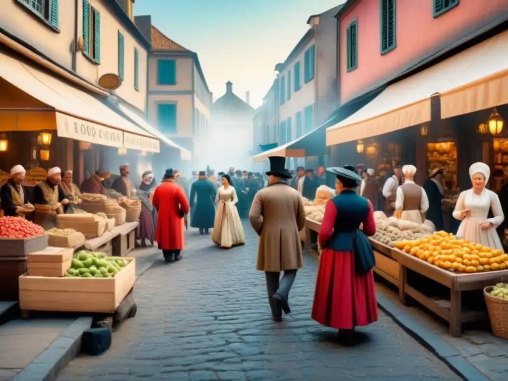 Escena detallada de un bullicioso mercado del siglo XVIII, donde personas de diversas culturas intercambian bienes y muestran artefactos culturales