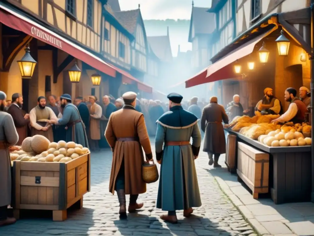 Escena detallada de un bullicioso mercado medieval, con intercambios y narraciones entre personas de diversos orígenes