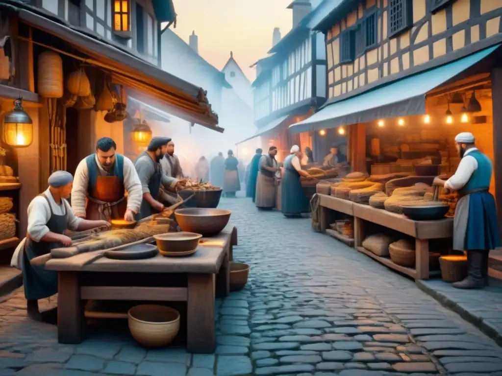 Escena detallada de un bullicioso mercado medieval con artesanos trabajando