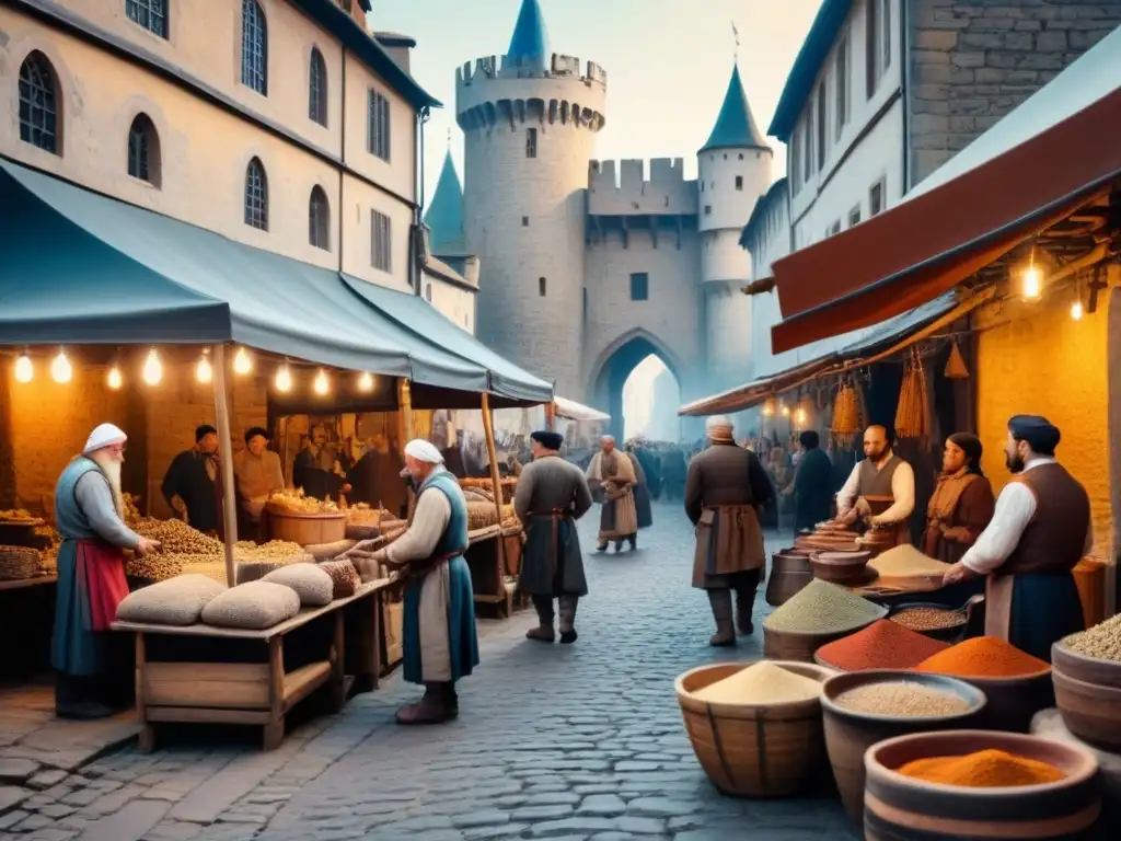 Escena detallada de un bullicioso mercado medieval bajo un castillo, ilustrando oficios antiguos