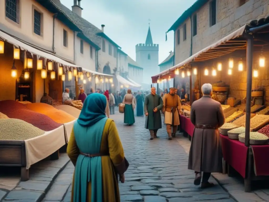 Escena detallada de un bullicioso mercado medieval con comerciantes y clientes, textiles, especias y joyas en exhibición