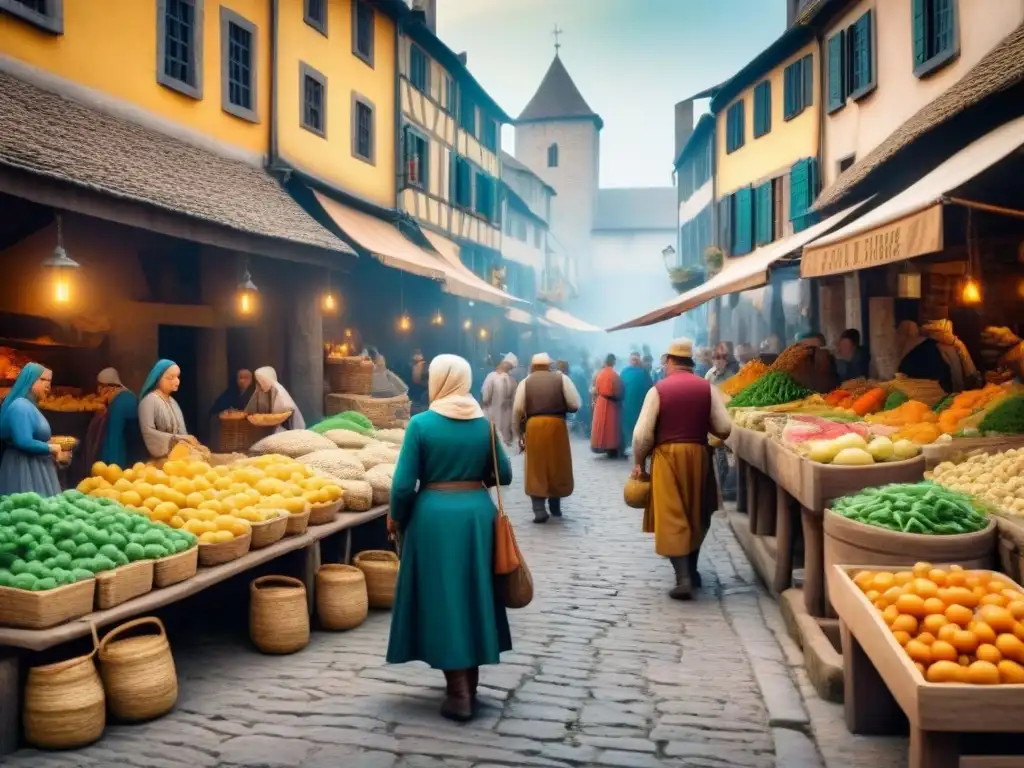 Escena detallada de un bullicioso mercado medieval, donde la agricultura influye en la genealogía de las familias