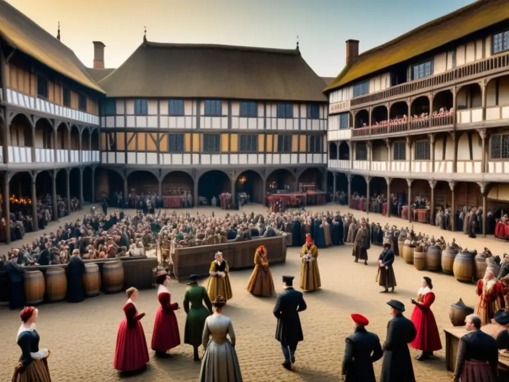 Mercado renacentista en la época de Shakespeare Escena detallada de un bullicioso mercado isabelino frente al Globe Theatre de Shakespeare