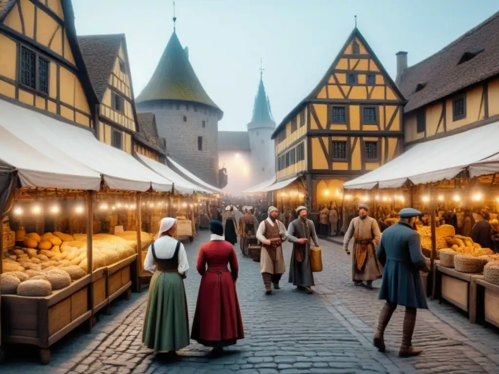 Escena detallada de un bullicioso mercado medieval con comerciantes y un castillo al fondo