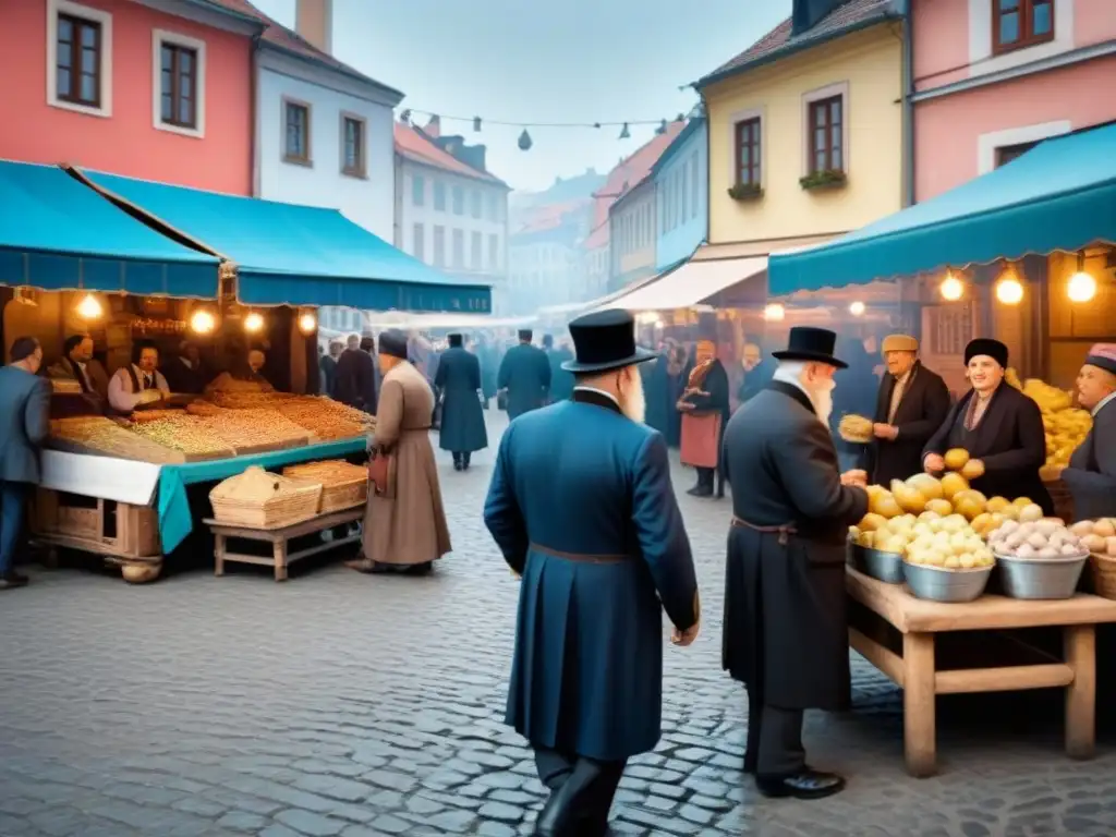 Escena detallada de un bullicioso mercado judío en Europa del Este, con vendedores, familias e arquitectura tradicional