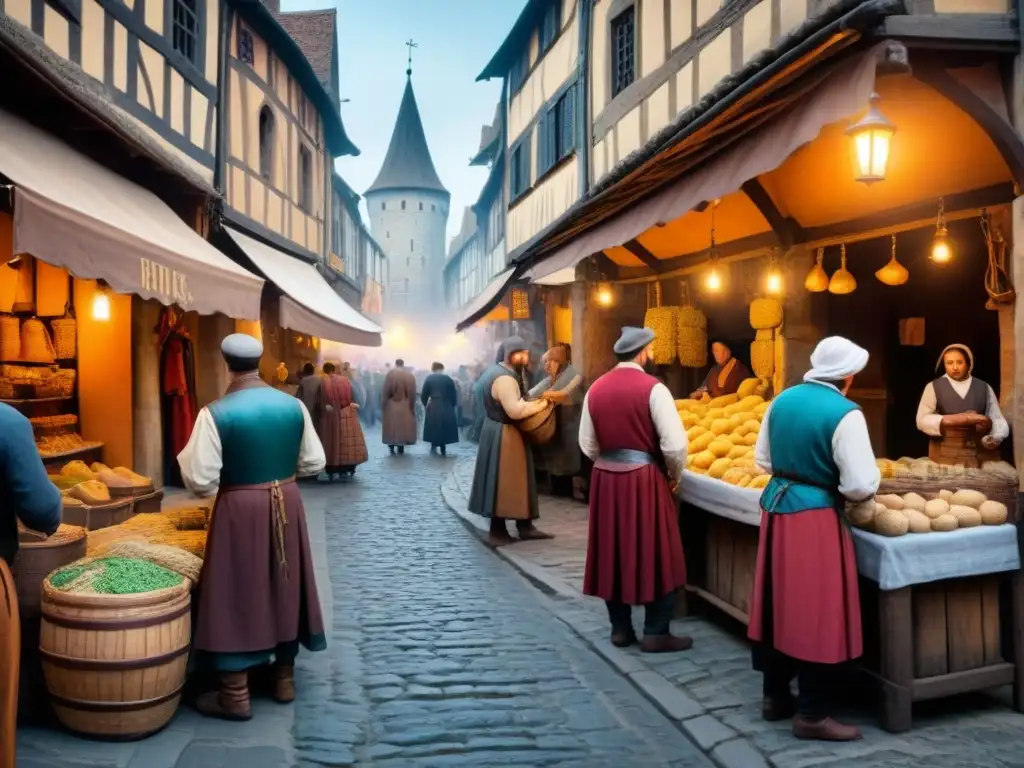 Escena detallada de un bullicioso mercado medieval, con comerciantes vendiendo mercancías y clientes regateando precios