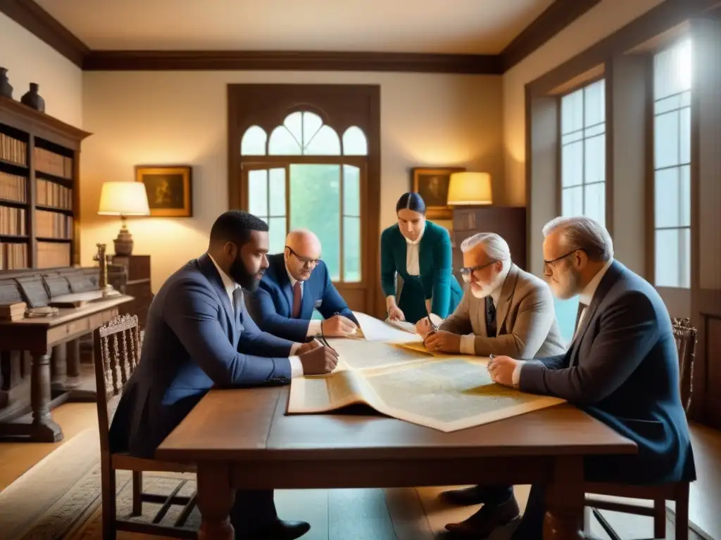 Una escena detallada de especialistas en genealogía reunidos alrededor de una mesa de roble, examinando mapas, árboles genealógicos y lupas