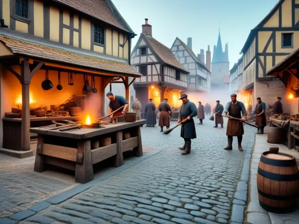 Una escena detallada de herreros medievales en la plaza de un bullicioso pueblo
