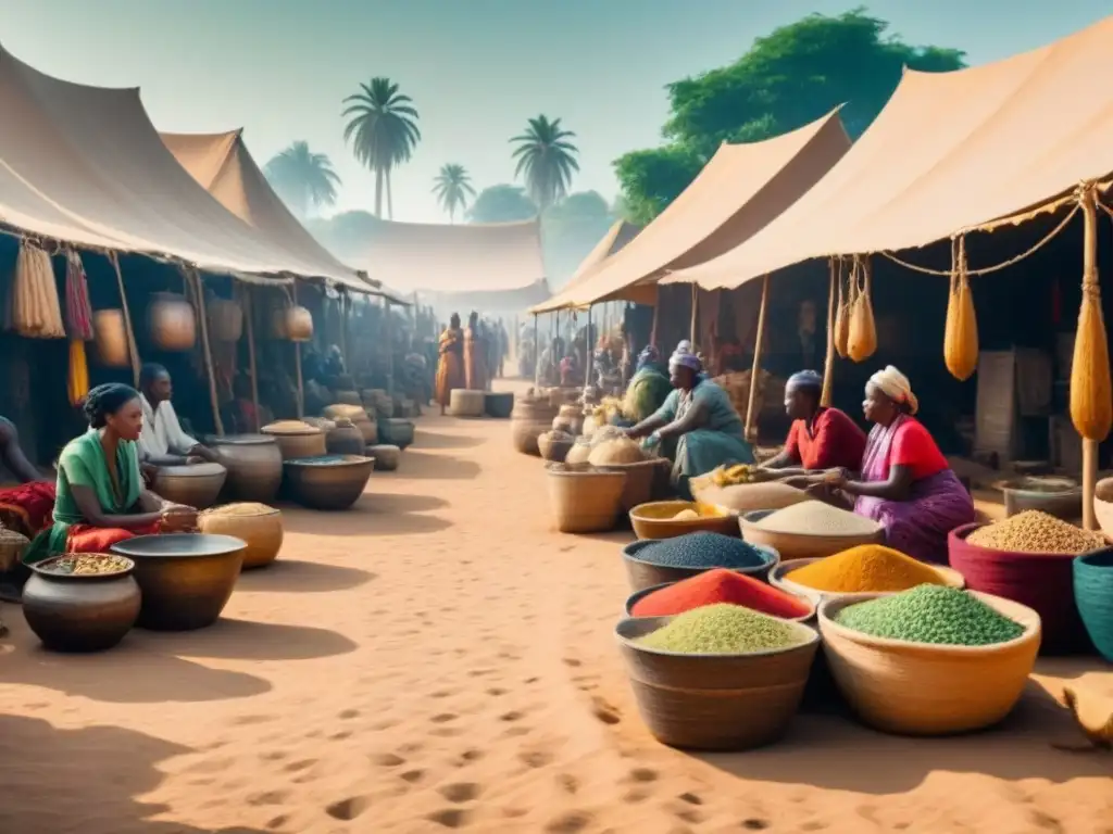 Escena detallada de mercado en África antigua, con gente variada y colorida