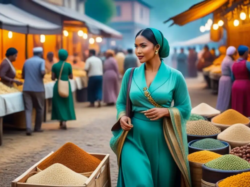 Escena detallada de mercado con diversidad cultural y apellidos que empiezan con B, reflejando la historia de 'Origen apellidos con B'