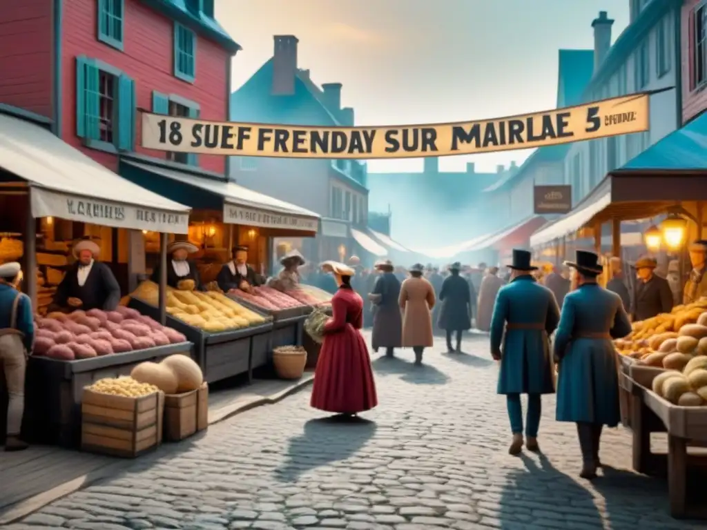 Escena detallada de mercado francocanadiense del siglo XVIII con apellidos tradicionales franceses como Lefebvre, Tremblay y Gagnon