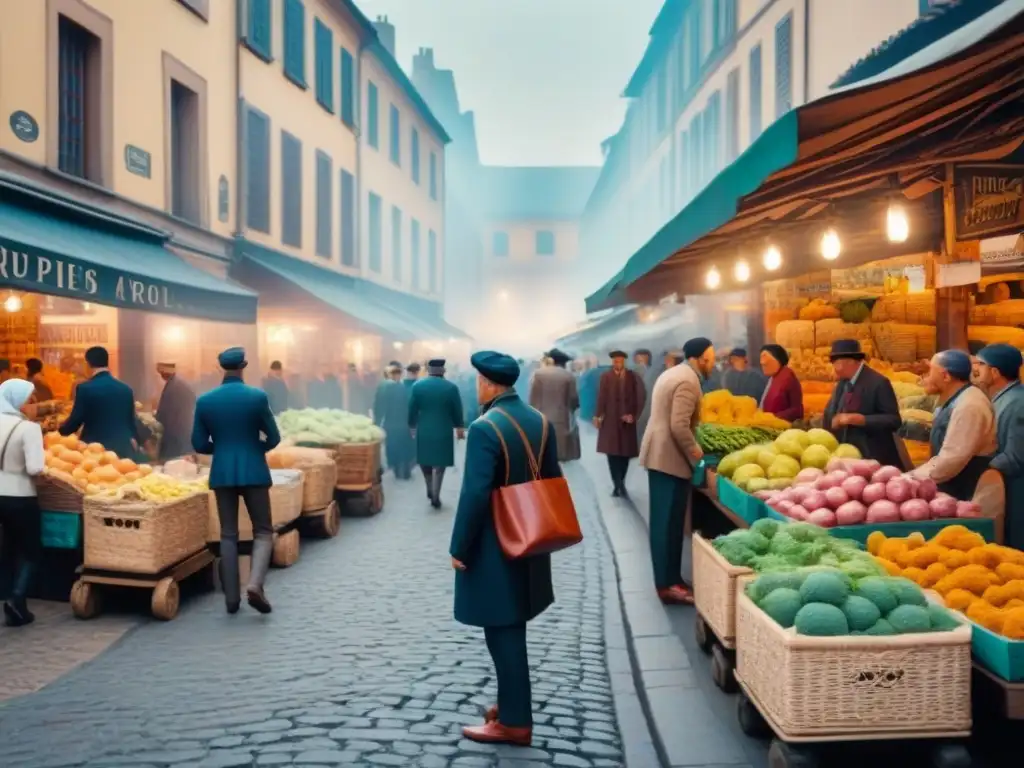 Escena detallada de mercado histórico, comerciantes, clientes y monedas