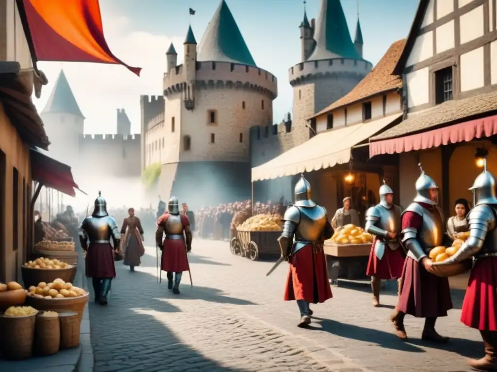 Escena detallada de un mercado medieval con comerciantes, caballeros y campesinos