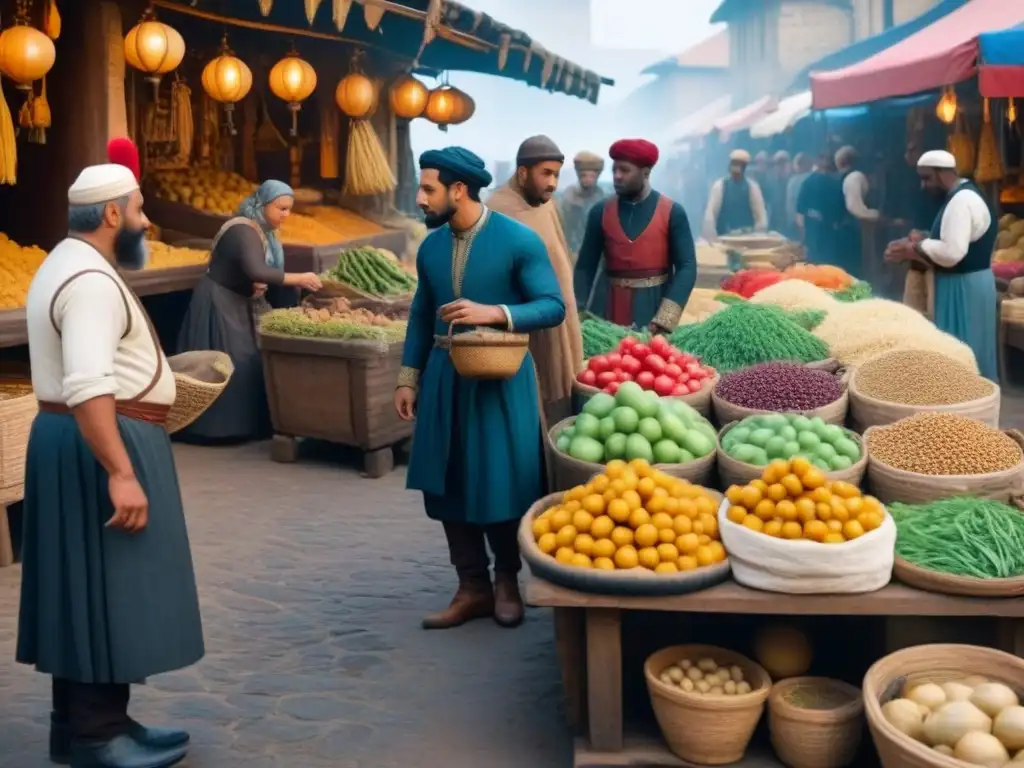 Escena detallada de mercado medieval con intercambio cultural, historia de apellidos y linajes