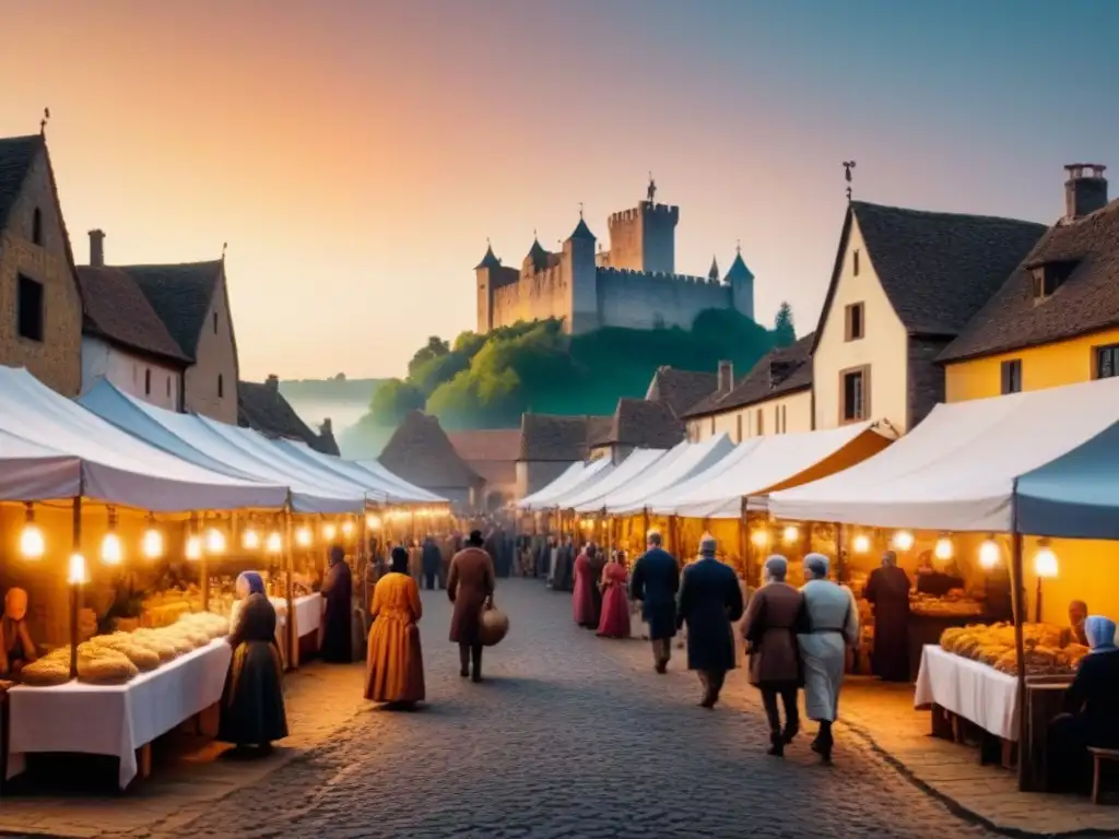 Escena detallada de un pueblo medieval con mercado bullicioso, cartel 'Domingo' y castillo al atardecer