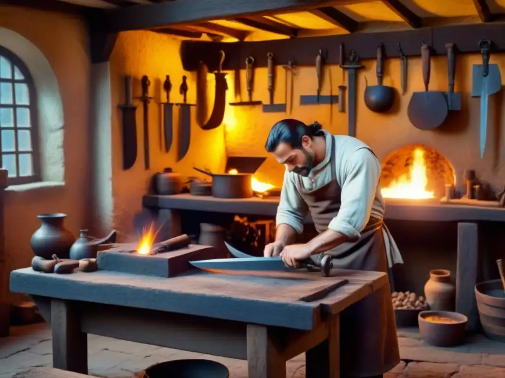 Escena detallada de taller de herrero medieval con artesano forjando espada y herramientas históricas