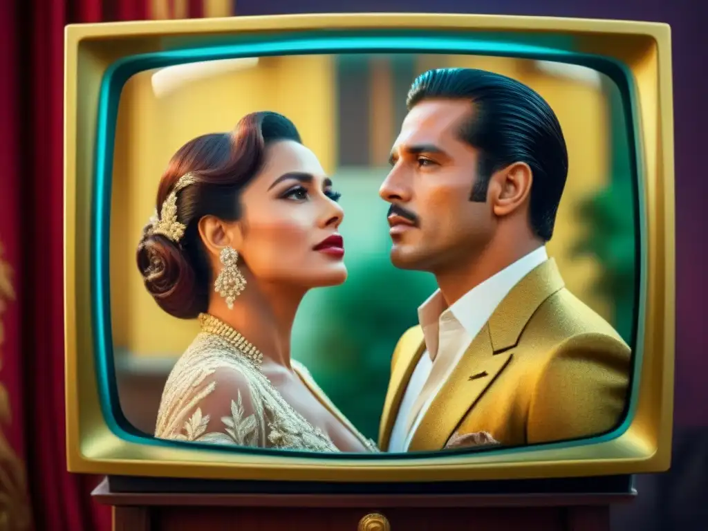 Una escena dramática de telenovela latinoamericana con un apasionado abrazo entre dos personajes, lágrimas y una lujosa mansión de fondo