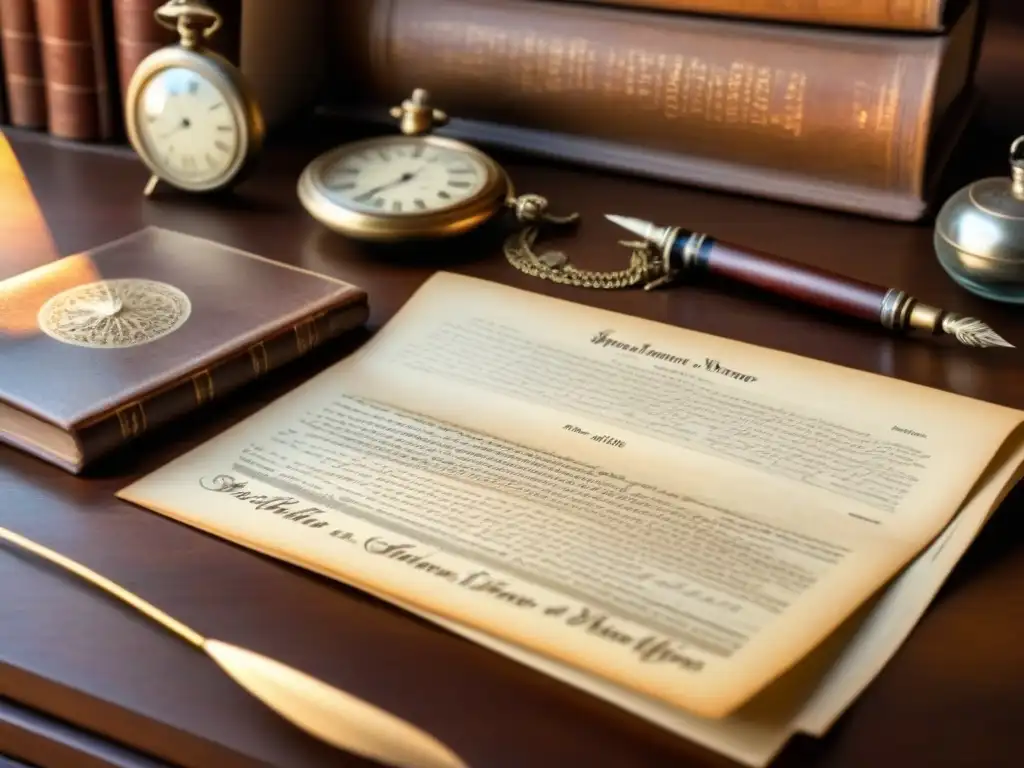 Escena de un escritorio vintage con documentos antiguos, pluma, reloj de bolsillo y árbol genealógico