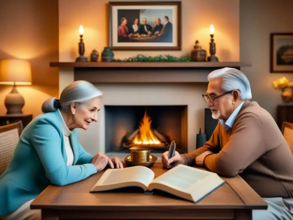 Escena familiar junto a la chimenea, conservación historias familiares apellidos, tradición y herencia en cada gesto