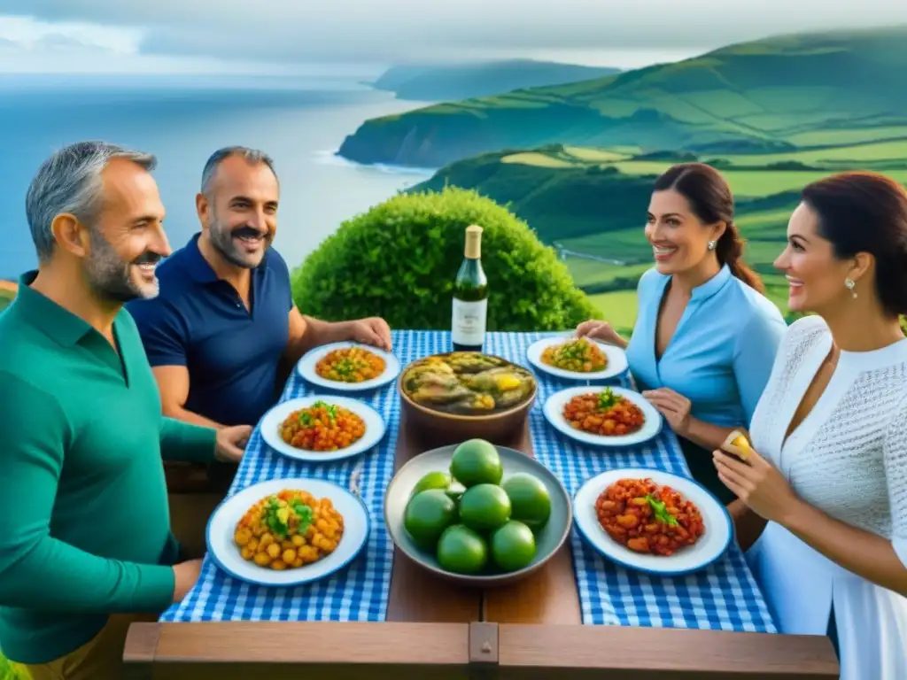 Una escena familiar tradicional en Elorriaga con platos vascos y vista al mar, historia del apellido Elorriaga