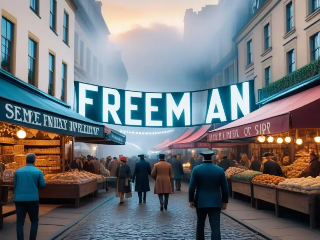 Mercado del siglo XIX: Libertad y Empoderamiento en la Familia Freeman Escena histórica del mercado del siglo XIX, evocando la historia del apellido Freeman