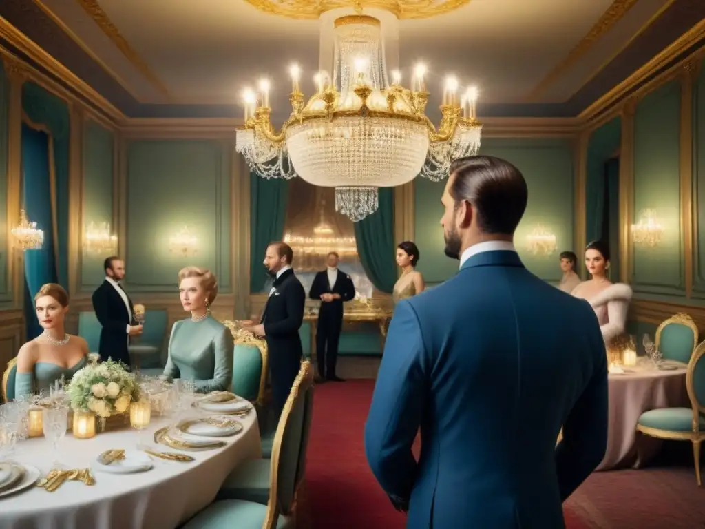 Una escena de lujo y sofisticación en un salón aristocrático, con hombres y mujeres elegantes, iluminada por candelabros