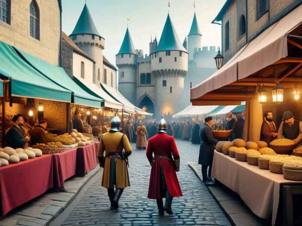 Escena medieval en un bullicioso mercado con detalles históricos y un castillo al fondo