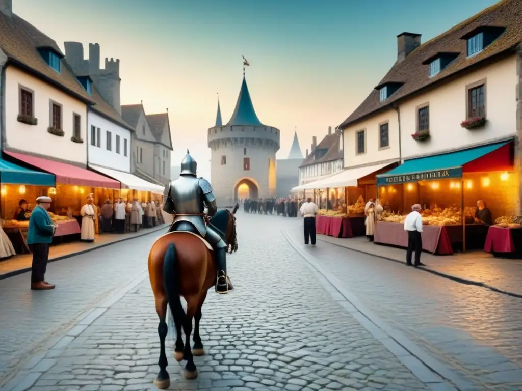 Una escena medieval detallada en 8k, con un bullicioso mercado en la plaza de un pueblo