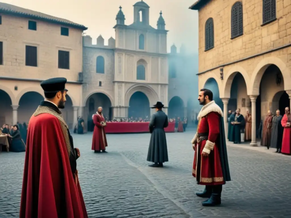 Escena medieval en plaza española con 'Limpieza de sangre en apellidos', edificios ornamentados y gente en trajes tradicionales