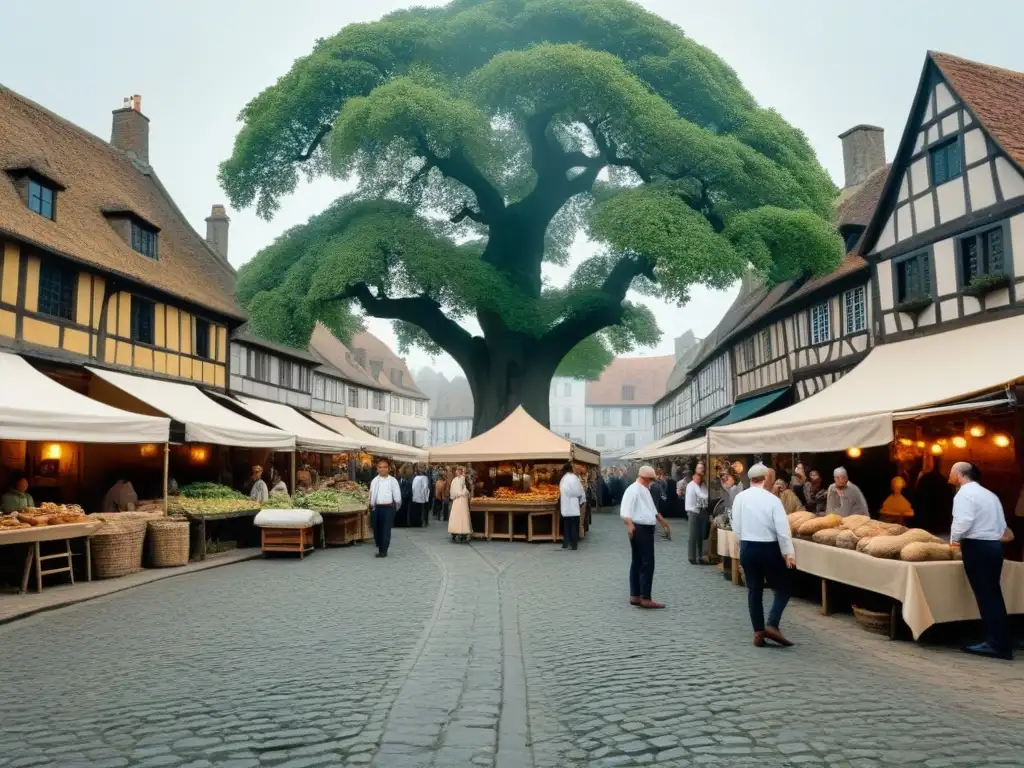 Escena medieval en la plaza del pueblo con mercados y actividad comunitaria, evocando la evolución histórica apellidos con O