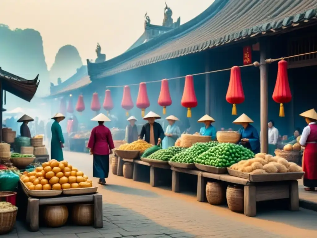 Escena de mercado antiguo en Vietnam con influencia china, resaltando la conexión histórica entre apellidos vietnamitas y herencia china