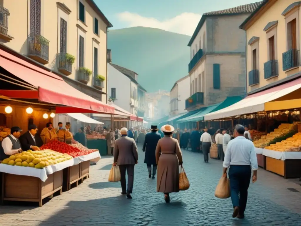 Una escena de mercado histórico en un pueblo español con la rica historia del apellido Negrín