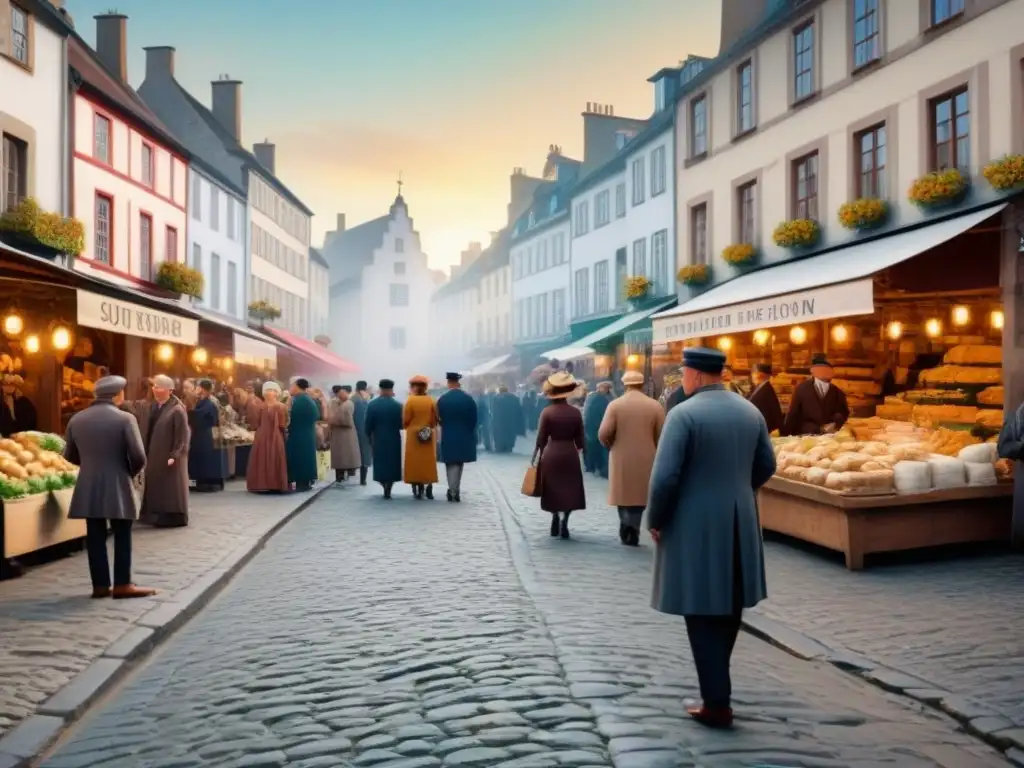 Escena de mercado en un pueblo europeo antiguo, con diversidad cultural y comercio en los orígenes de la historia genealogía internacional