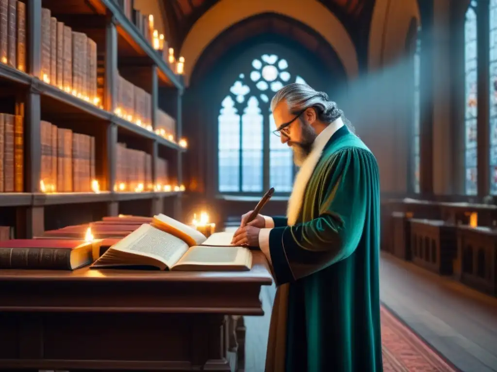 Escena mística en una biblioteca antigua, con símbolos paganos y un erudito estudiando manuscritos