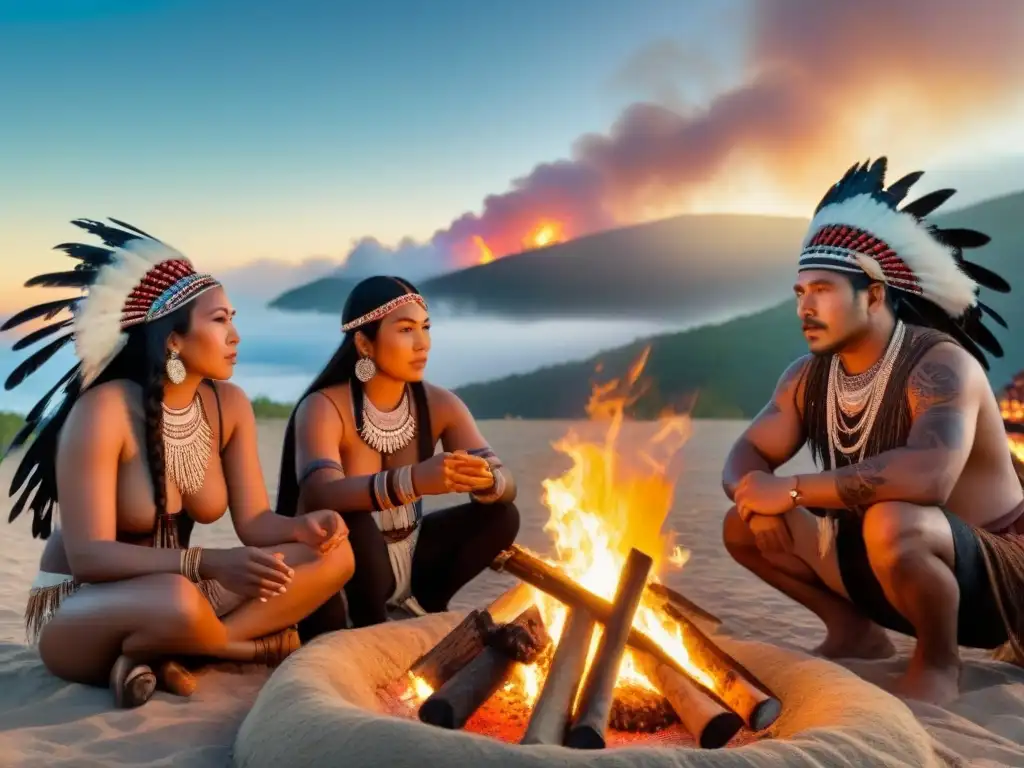 Una escena nocturna de un grupo de indígenas reunidos alrededor de una fogata, en un ritual tradicional bajo un cielo estrellado