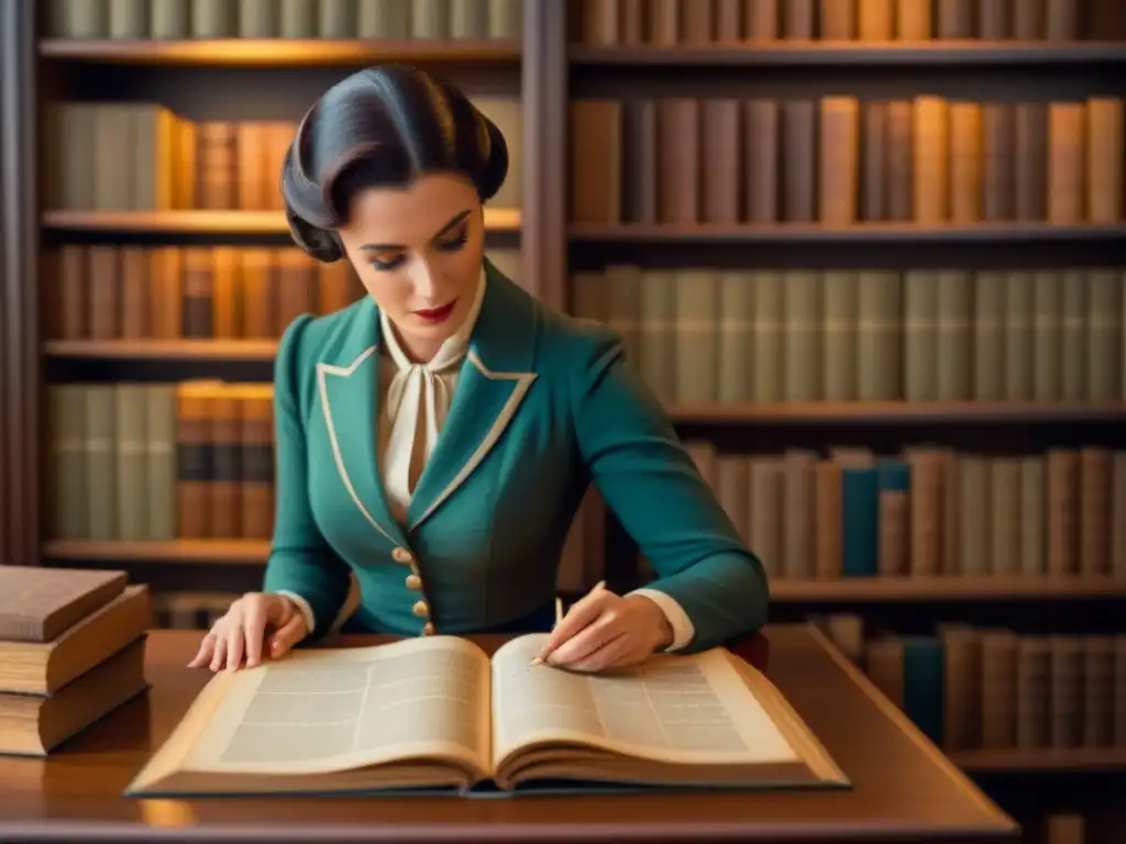 Una escena nostálgica en una biblioteca con libros antiguos y una persona investigando un árbol genealógico