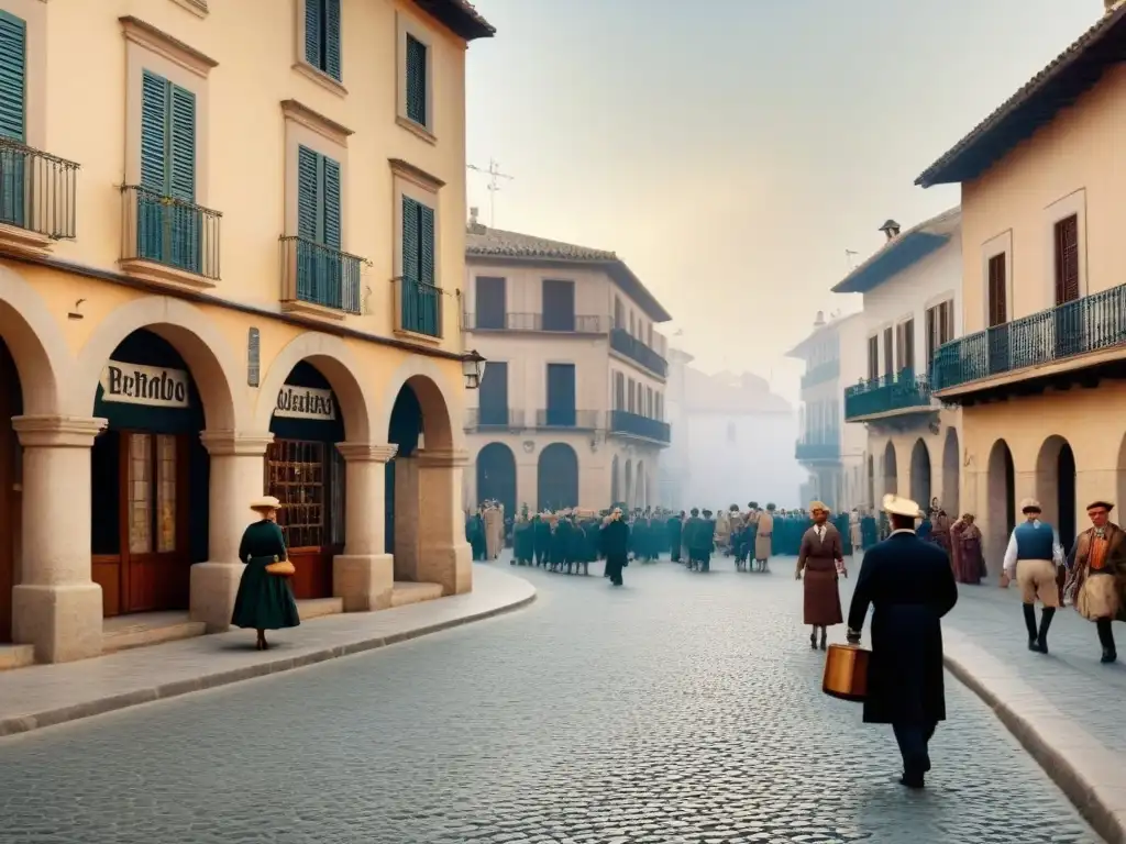 Escena nostálgica de plaza en España con edificios antiguos, lugareños y letrero 'Bienvenidos a Delgadoville'